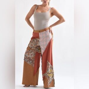 Boho Patchwork Wide-Leg Pants in Rust & Brown